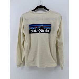 Patagonia Womens Long Sleeve Logo Back Tee Size Small Cream Ivory